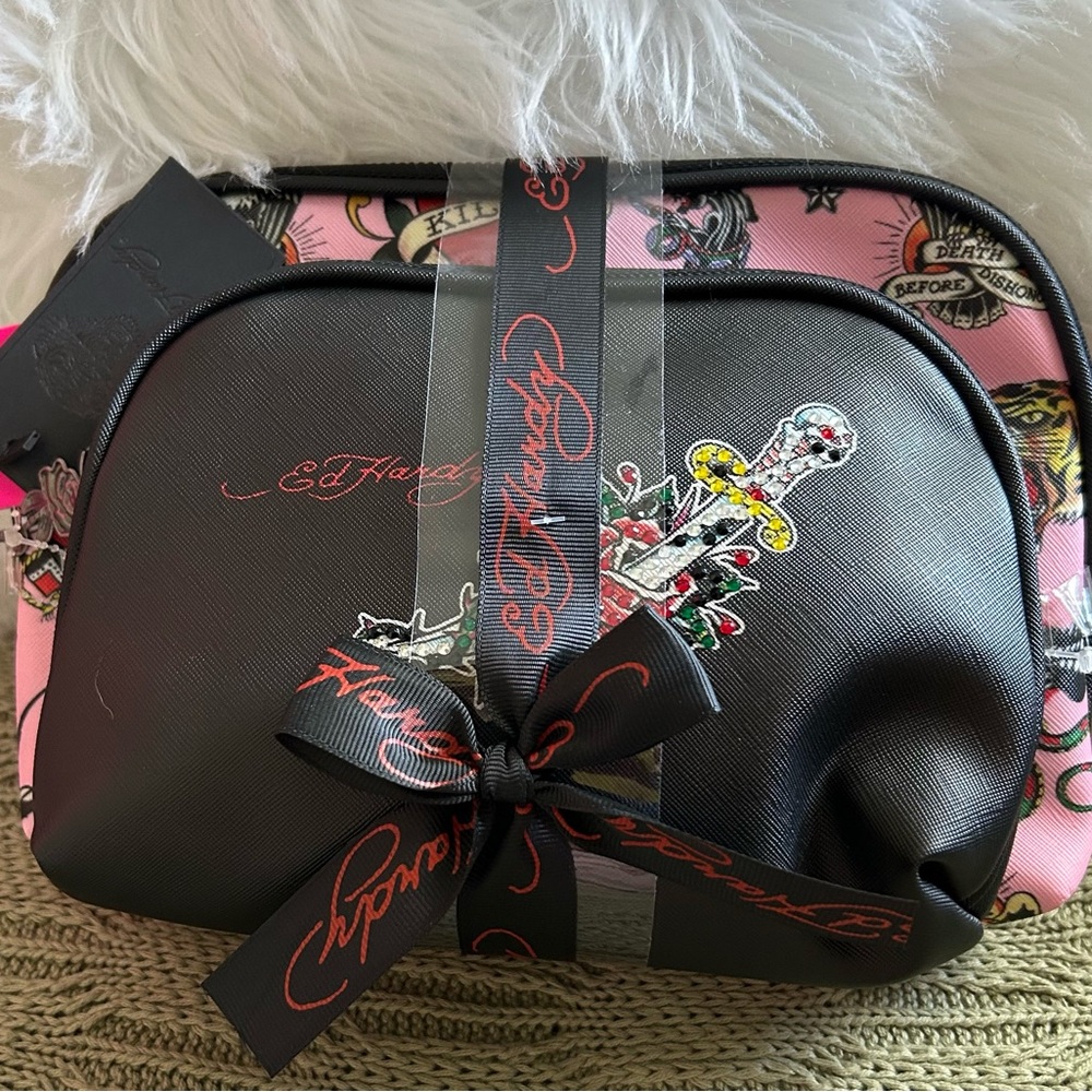 NWT Ed Hardy Black & Pink Tattoo-Graphic Cosmetic Pouch Duo